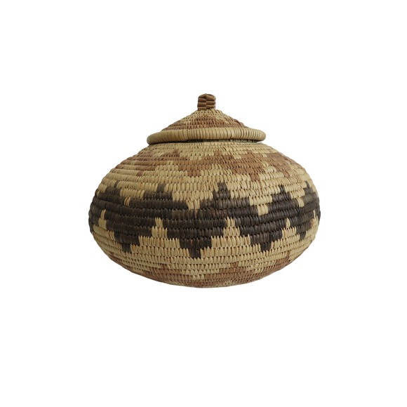 Southwestern Woven Basket + Lid Decorative Storage Container Handmade Decor - Picture 1 of 7
